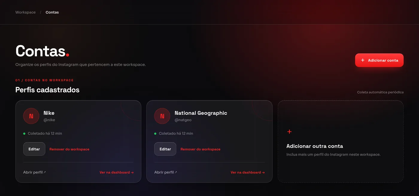 Tela de Contas com os perfis cadastrados